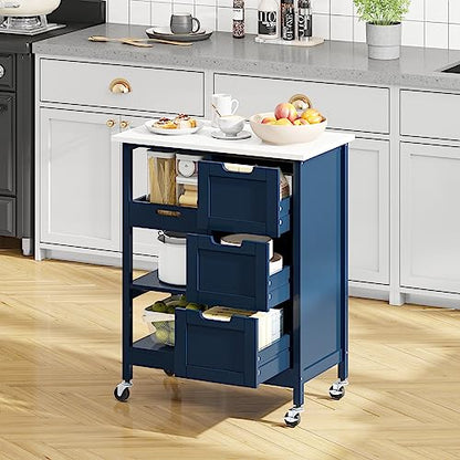 YITAHOME Small Solid Wood Top Kitchen Island Cart on Wheels with Storage, Rolling Portable Dining Room Serving Utility Carts Mobile Movable with 3 Drawers Cabinet, Navy Blue - style: 26.7"W Blue