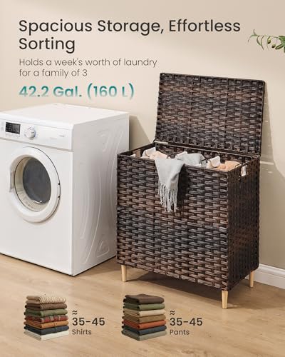 SONGMICS 3-Section Laundry Hamper with Lid, 42.2 Gal (160L) PE Rattan Laundry Basket with Removable Washable Liners, for Bedroom & Living Room, Chestnut Brown ULCB223ME01 - color: Chestnut Brown, size: 160 L (3 Basket)