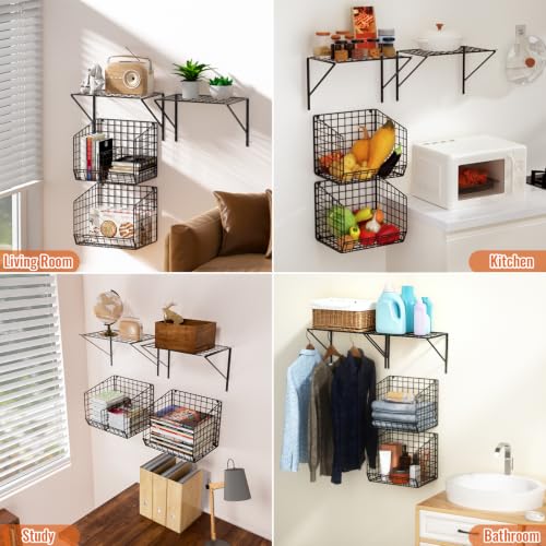 2 Pack Laundry Room Shelves with Wire Baskets, Over the Washer and Dryer Shelf, Wall Mounted Storage and Clothes Drying Rack, Wire Shelves Baskets for Laundry Closet Organization and Storage-Black