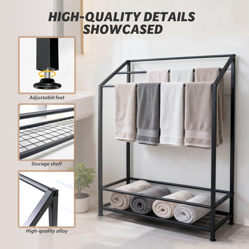 Hjarta Extra Wide 31.5 Inch Standing Towel Rack, Tall 40 Inch Free Standing Towel Rack with Storage Shelf, 3 Tier Towel Stand for Bathroom Outdoor Poolside