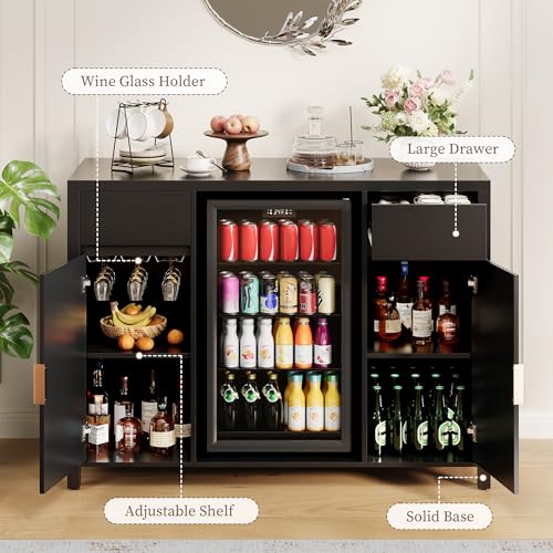 Garvee 53" Coffee Bar Cabinet with Fridge Space & Charging Station, Mini Fridge Cabinet with Wine Rack, Large Buffet Sideboard Table, Fluted Liquor Cabinet for Living Room, Dining Room, Kitchen, Black