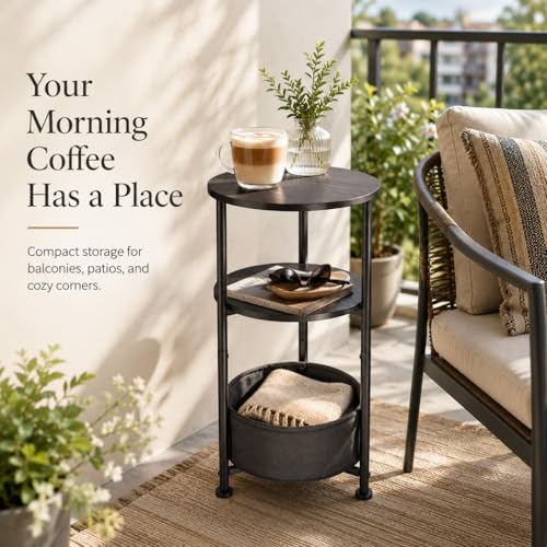 Small Round Side Table with Storage Basket, 3-Tier Narrow End Table Nightstand for Living Room Bedroom, 11.8" Diameter Modern Bedside Table for Small Spaces, Wood Grain & Metal Frame (Black) - color: Black