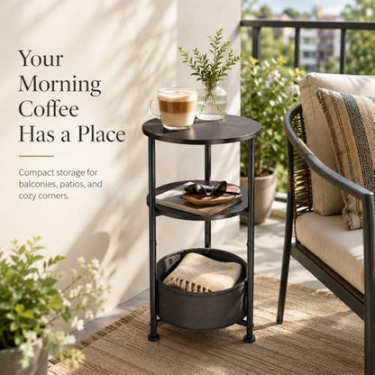 Small Round Side Table with Storage Basket, 3-Tier Narrow End Table Nightstand for Living Room Bedroom, 11.8" Diameter Modern Bedside Table for Small Spaces, Wood Grain & Metal Frame (Black) - color: Black