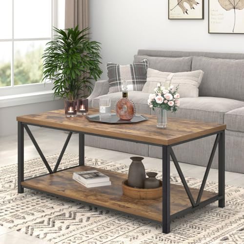EXCEFUR Modern Coffee Table, Industrial Metal and Wood Living Room Table with Storage Shelf, Rustic Brown - color: Rustic Brown, size: 39 inch