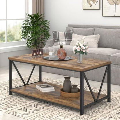 EXCEFUR Modern Coffee Table, Industrial Metal and Wood Living Room Table with Storage Shelf, Rustic Brown - color: Rustic Brown, size: 39 inch