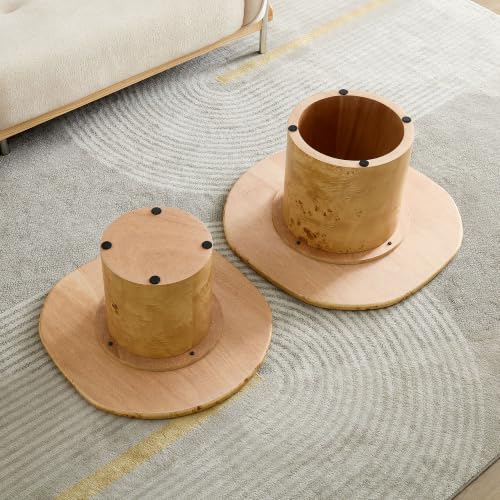 Curved Round Coffee Table Set of 2 with Sintered Stone Tabletop for Living Room, Modern Mid-Century Retro Pedestal Nesting Coffee Table, Burl Wood Veneer, Natural, 2-Pcs - color: 2-pcs-natural