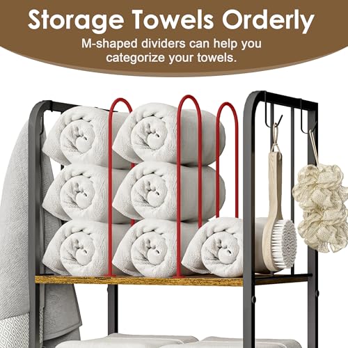 3-Tier Freestanding Cabinet Towel Rack Metal Stand | M-shaped detachable dividers, three-tier versatile storage, premium anti-rust four hooks, 70 lbs heavy duty load capacity - color: Brown
