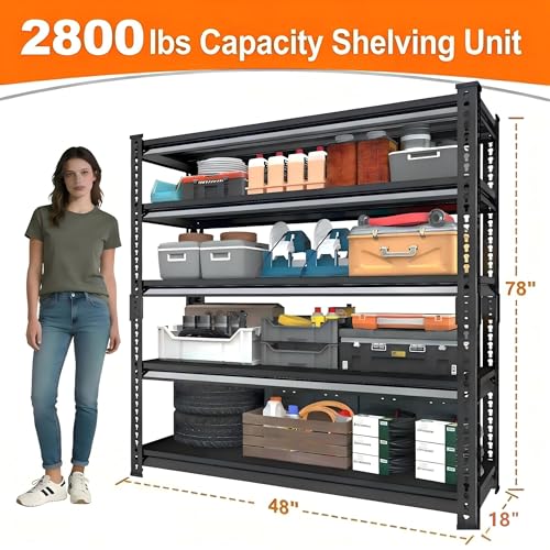 Utility Storage Garage Shelving - 48'' Wide 2800 Lbs Heavy Duty 5 Tier Metal Shelves Adjustable - Freestanding Rack Units for Basement Kitchen Pantry - Black 48" W x 18" D x 78" H - size: 48"Wx18"D-5T-BK