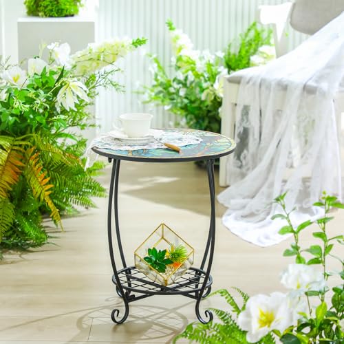 Cinnvoice Outdoor Side Table Round Small Mosaic Patio Accent Indoor End Plant Coffee Tea Table for Yard Patio Porch Garden Living Room, Bedroom(Butterfly Style,12 Inch) - size: 12 Inch, style: Butterfly Style