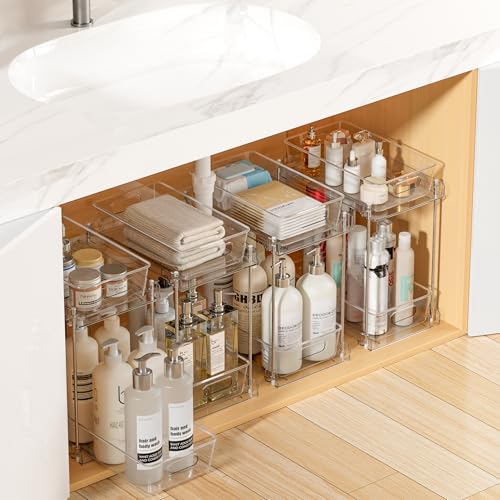 Vtopmart 4 Pack Higher Bathroom Under Sink Plastic Pull-Out Organizer (S-Higher) - color: Transparent, size: S-Higher (4 Pack)
