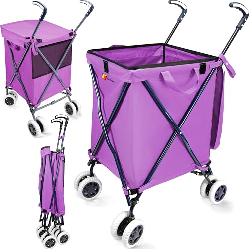 Wellmax Folding Shopping Cart with Canvas Bag & Cover, Holds 120 lb, Purple | 360 Swivel Wheels, Lightweight Foldable Utility Cart, 24 Gallon Capacity, for Groceries, Laundry & Seniors, Rolling Cart - color: Purple