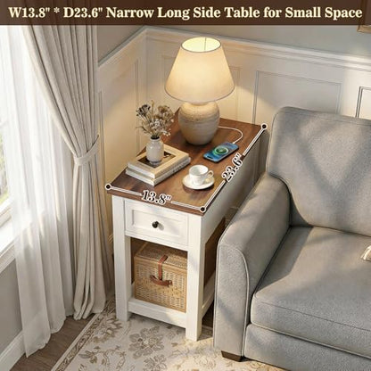 Narrow End Table Set of 2 with Charging Station - Farmhouse Side Tables with Drawer, 14" Wood Nightstands Set of 2 for Bedroom Living Room, Slim Couch Bedside Table Small Spaces, Antique White & Brown - color: Antique White & Brown, size: 2 Pack