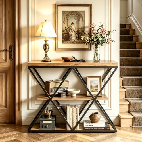 Garvee 3 Tier Console Table,39" Industrial Entryway Table,Open Wood Shelves | Sofa Table,Narrow Wood Accent Tables with Metal Frame for Hallway,Living Room,Behind Couch,Foyer,Entrance,Rustic Brown - color: Rustic Brown + X-shaped