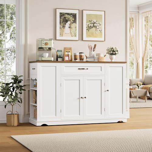 HOSTACK Kitchen Island Cart with Storage, 47'' Kitchen Storage Island on Wheels with 2 Drawers, Rolling Island Table with Adjustable Shelves, Mobile Buffet Sideboard Cabinet for Dining Room, White - style: White + Rustic Brown