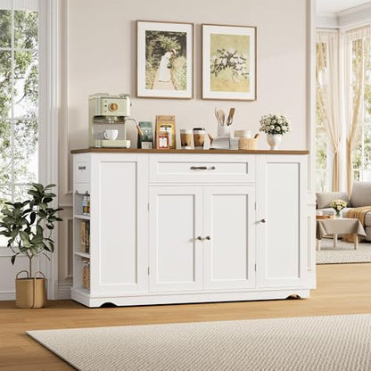 HOSTACK Kitchen Island Cart with Storage, 47'' Kitchen Storage Island on Wheels with 2 Drawers, Rolling Island Table with Adjustable Shelves, Mobile Buffet Sideboard Cabinet for Dining Room, White - style: White + Rustic Brown