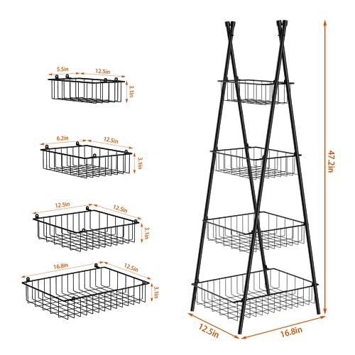 Wire Basket Stand for Kitchen and Bathroom 4 Tier Fruit Storage Basket Metal Floor Standing Vegetable Holder, Black
