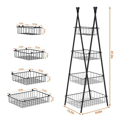 Wire Basket Stand for Kitchen and Bathroom 4 Tier Fruit Storage Basket Metal Floor Standing Vegetable Holder, Black