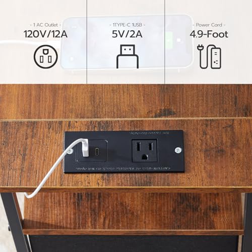 HOOBRO End Table with Charging Station, Narrow Side Table, Nightstand with 2 Non-Woven Drawers, Slim Sofa Side Table, for Small Spaces, Living Room, Bedroom, Rustic Brown and Black BF486UBZ01 - color: Rustic Brown + Black, size: 11.8"L x 18.9"W x 23.6"H