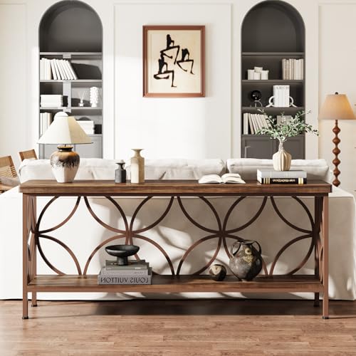 Tribesigns 70.9-Inch Narrow Sofa Table, Industrial Long Sofa Table Behind Couch, Entry Console Table with Storage for Entryway, Living Room, Foyer, Unique Design, Brown Glossy - color: Brown Glossy