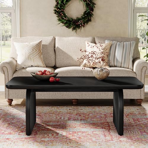 Tribesigns Rectangle Coffee Table, 47-Inch Wood Rectangular Living Room Table, Farmhouse Accent Center Low Cocktail Tea Table with Sturdy Base & Rounded Corners, Easy Assembly (Black) - color: Black