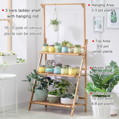 COPREE Bamboo 3-Tier Hanging Plant Stand Planter Shelves Flower Pot Organizer Rack Folding Display Shelving Plants Shelf Unit Holder