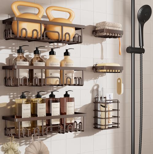 Veken Shower Caddy 6-Pack, No Drilling & Rustproof, Waterproof Adhesive Shelves Rack with Soap Holder, Large Capacity Bathroom Organizers and Storage, Wall-Mounted Kitchen & Home Decor - color: Brown