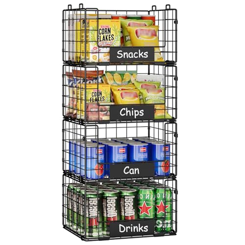 JKsmart 4 Pack XL Stackable Wire Baskets with Name Plates, Pantry Organizers and Storage - size: XL-12.2"x9.85"x28.65"