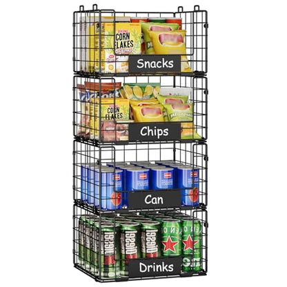 JKsmart 4 Pack XL Stackable Wire Baskets with Name Plates, Pantry Organizers and Storage - size: XL-12.2"x9.85"x28.65"