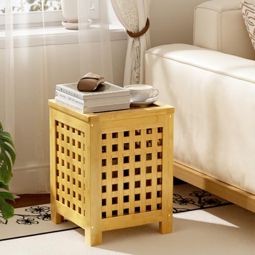 Bamboo End Table with Removable Cushion and Hidden Storage, 2-in-1 Ottoman Side Table with Breathable Grid Design for Small Space, Living Room, Bedroom, Balcony, Entryway