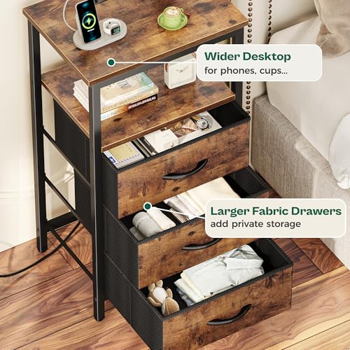 Huuger Night Stand with Charger Station and LED Lights, 3 Drawer Nightstand, Bed Side Table with Open Shelf, End Table, Tall Fabric Dresser for Bedroom, Rustic Brown - color: Rustic Brown, size: 11.8"D x 15.7"W x 27.6"H（3 Drawers）