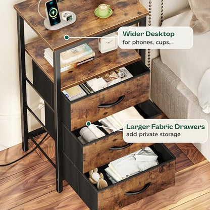 Huuger Night Stand with Charger Station and LED Lights, 3 Drawer Nightstand, Bed Side Table with Open Shelf, End Table, Tall Fabric Dresser for Bedroom, Rustic Brown - color: Rustic Brown, size: 11.8"D x 15.7"W x 27.6"H（3 Drawers）
