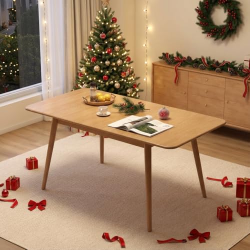 47’’-63’’ 100% Oak Extendable Dining Table, Solid Wood Folding Kitchen Table, Mid Century Modern Dinner Table for Kitchen, Apartment, Living Room (47''-63'' Natural) - color: Natural, size: 47''-63''