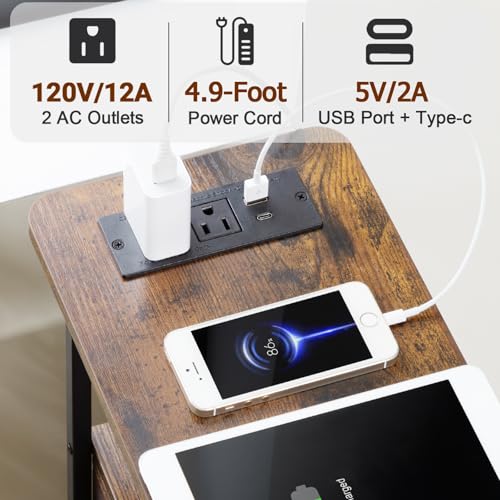 LOAKEKEL Narrow Nightstand with Charging Station, End Tables Living Room Set of 2, Skinny Side Table with Fabric Drawers, Slim Sofa Table for Bedroom, Small Spaces, Couch, Rustic Brown, HETNDP02PBR - color: Rustic Brown, style: Power