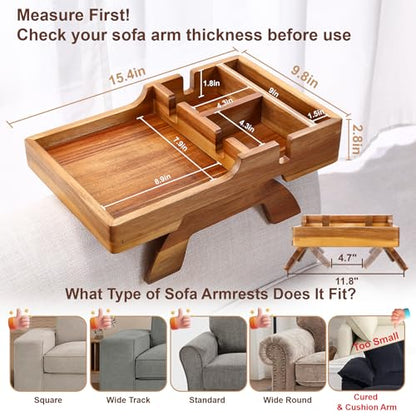 Couch Armrest Table, Acacia Wood Sofa Arm Table with 2 Cup Holders, 15.4"x9.8" Large Foldable Clip on Couch Arm Tray Table with Remotes Storage Slot - color: Acacia