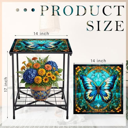 Cinnvoice Outdoor Side Table 2-Tier Storage Square Small Mosaic Patio Accent Indoor End Plant Coffee Tea Table for Yard Patio Porch Garden Living Room, Bedroom(Butterfly Style) - style: Butterfly Style