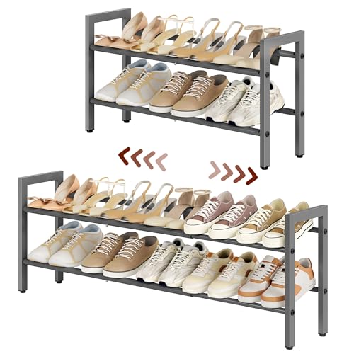 FAVOOSTY 2-Tier Expandable Shoe Rack, Adjustable Shoe Shelf Storage Organizer Space Saving Metal Free Standing Shoe Rack for Entryway Closet Doorway, Silver Grey - color: Silver Gray, size: 2 Tier