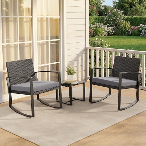 Qsun 3 Pieces Patio Furniture Set Rocking Bistro Set Outdoor Rattan Conversation with Coffee Table for Garden Balcony Backyard Poolside (Grey Cushion) - color: Grey