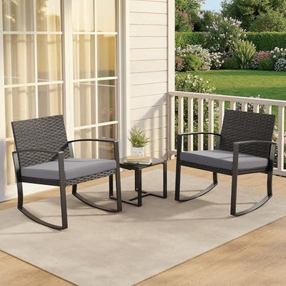 Qsun 3 Pieces Patio Furniture Set Rocking Bistro Set Outdoor Rattan Conversation with Coffee Table for Garden Balcony Backyard Poolside (Grey Cushion) - color: Grey