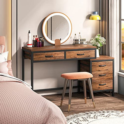Tribesigns Computer Desk with 5 Drawers, Home Office Desks with Reversible Drawer Cabinet Printer Stand, Industrial PC Desk with Storage, Rustic Study Writing Table Workstation for Small Spaces - color: Rustic Brown
