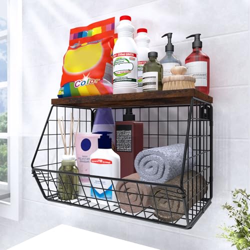 MSJGA Laundry Room Shelves Wall Mounted with Storage Basket - Stackable Wire Wall Shelves Organizer for Towels, Detergent, Tissues | Space-Saving Over Washer & Dryer, Small Spaces(11.8"Wx7.9"Dx8.5"H) - size: 8"D