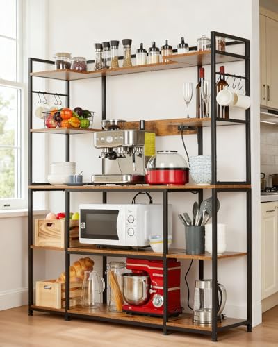 Garvee Kitchen Bakers Rack with Power Outlet 55 * 66inch, Microwave Oven Stand with Storage 4 Tiers, Coffee Bar Table with 6 S Hooks, Kitchen Storage Shelf Rack for Spices, Pots, Rustic Brown - size: 55*66