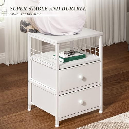 EnHomee 17.8" W Nightstand, End Table with Fabric Drawers and Open Wood Shelf Storage,Safety Netting on 2 Sides of Night Stand, Bedside Table with Metal Frame for Bedroom,Closet, Hallway,Dorm, White - color: White