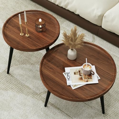 2 Pcs Mid Century Modern Coffee Table Round for Living Room,Easy Assembly Nesting Coffee Tables,Minimalist Circle Walnut Coffee Table for Bedroom Office Balcony Yard - color: Black Walnut
