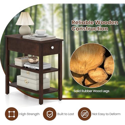 Giantex Narrow End Table Set of 2, Farmhouse Side Tables with Drawer & Storage Shelves, Wood Sofa Side Tables, 3-Tier Nightstands for Small Space, Living Room, Bedroom, 23.5"L x 12"W x 24.5"H, Walnut - color: Walnut