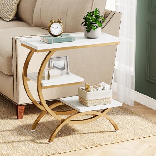 Tribesigns C-Shaped End Table Set of 2, Industrial 3-Tier Small Side Table for Couch, Wood Bedside Table Snack Side Table with Storage Shelves for Living Room Small Space, White Gold - color: White Gold
