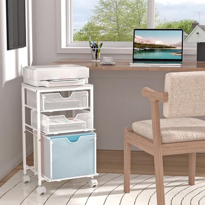 BOHDK Rolling File Cart with 3 Storage Drawers, Wood & Mesh Hanging File Folder Organizer with Wheels Under Desk, File Cabinets for Home Office, 11.81" D x 14.8" W x 25.39" H, White - color: White