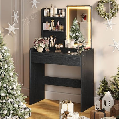 Memobarco Small Vanity Desk with Mirror and Lights, Makeup Vanity with Drawer & Storage Shelves, Vanity Desk with 3 Lighting Modes & Adjustable Brightness, Dressing Table for Women Girls, Black - color: Black