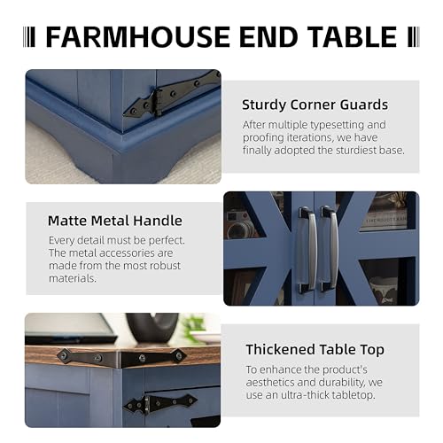Farmhouse End Table, 24" Large End Tables with Storage, Rustic Square Sofa Beside Table with Glass Barn Door, Wood Side Table Square Nightstand for Living Room, Bedroom, Office (Misty Blue) - color: Misty Blue