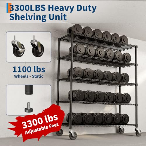Garvee Storage Shelves, 5-Tier Metal Shelving Units with Wheels, 73" H x 59" W x 17.1" D, 3300 LBS Heavy Duty Wire Shelving Rolling Rack for Garage Kitchen Home Basement, Adjustable, Black - size: 73"H x 59"W x 17.1"D(5-Tier)