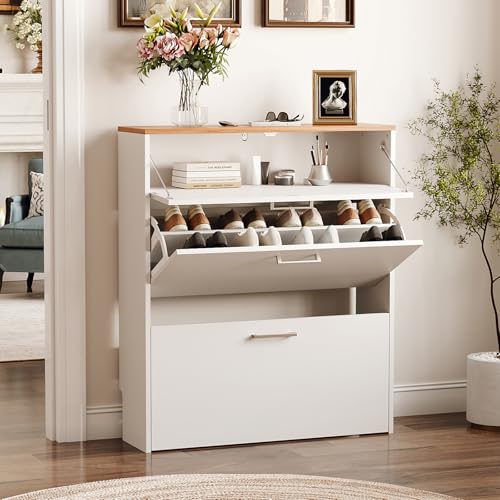 VINGLI Shoe Cabinet for Entryway, Slim Shoe Rack Storage Organizer with 3 Flip Drawers, Modern White Hidden Shoe Shelf with Oak Top, Narrow Free Standing Sneaker Cabinet for Hallway, 9.5" Depth - color: White + Oak-ⅰ, size: 31.5"W